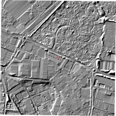 Shaded relief map of the ground around PO35PR, computed from Environment Agency LiDAR. The ground here sits at about 3 m above sea level and falls 6 m across the surrounding 800 m. Surface water reaching this point runs off ground lying to the east, 1.1 m higher.