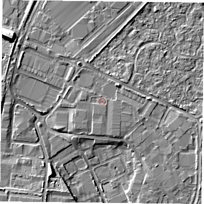 Shaded relief map of the ground around PO35PS, computed from Environment Agency LiDAR. The ground here sits at about 3 m above sea level and falls 10 m across the surrounding 800 m. Surface water reaching this point runs off ground lying to the north-east, 1.6 m higher.