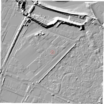 Shaded relief map of the ground around PO35PU, computed from Environment Agency LiDAR. The ground here sits at about 3 m above sea level and falls 13 m across the surrounding 800 m. The ground contributing surface water to this point lies to the north-west.