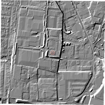 Shaded relief map of the ground around PO35QA, computed from Environment Agency LiDAR. The ground here sits at about 5 m above sea level and falls 10 m across the surrounding 800 m. Surface water reaching this point runs off ground lying to the north-north-west, 2.5 m higher.