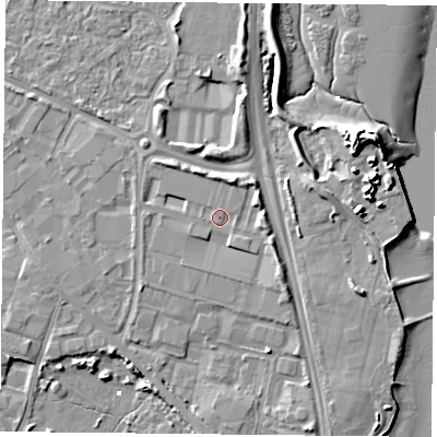 Shaded relief map of the ground around PO35QD, computed from Environment Agency LiDAR. The ground here sits at about 3 m above sea level and falls 12 m across the surrounding 800 m. Surface water reaching this point runs off ground lying to the east-south-east, 2.4 m higher.