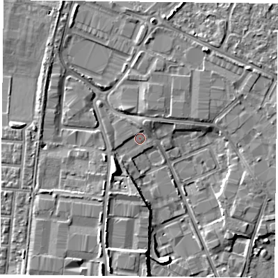 Shaded relief map of the ground around PO35QG, computed from Environment Agency LiDAR. The ground here sits at about 1 m above sea level and falls 8 m across the surrounding 800 m. Surface water reaching this point runs off ground lying to the south-south-west, 5.2 m higher.