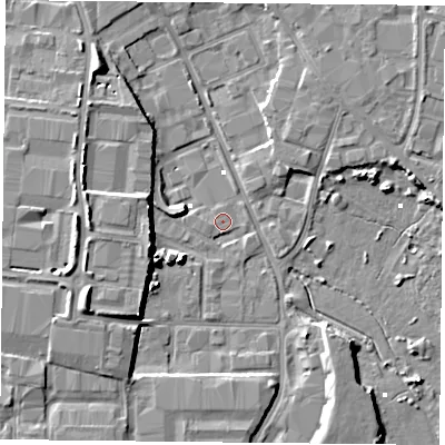 Shaded relief map of the ground around PO35QH, computed from Environment Agency LiDAR. The ground here sits at about 0 m above sea level and falls 8 m across the surrounding 800 m. Surface water reaching this point runs off ground lying to the west, 5.9 m higher.