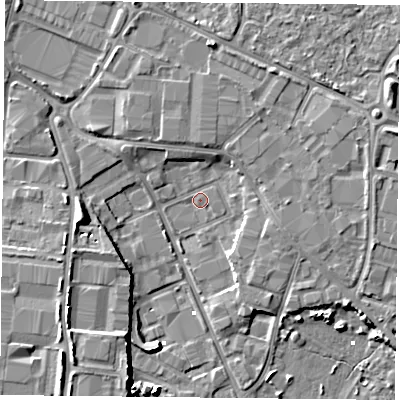 Shaded relief map of the ground around PO35QL, computed from Environment Agency LiDAR. The ground here sits at about 1 m above sea level and falls 8 m across the surrounding 800 m. Surface water reaching this point runs off ground lying to the north-north-east, 3.0 m higher.