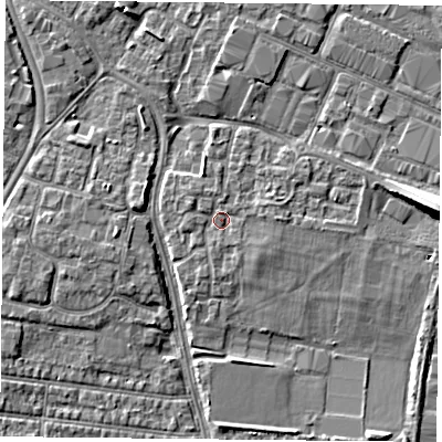 Shaded relief map of the ground around PO35QN, computed from Environment Agency LiDAR. The ground here sits at about 3 m above sea level and falls 9 m across the surrounding 800 m. Surface water reaching this point runs off ground lying to the east, 1.1 m higher.
