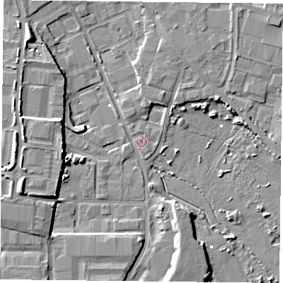 Shaded relief map of the ground around PO35QP, computed from Environment Agency LiDAR. The ground here sits at about 1 m above sea level and falls 9 m across the surrounding 800 m. Surface water reaching this point runs off ground lying to the west, 7.6 m higher.