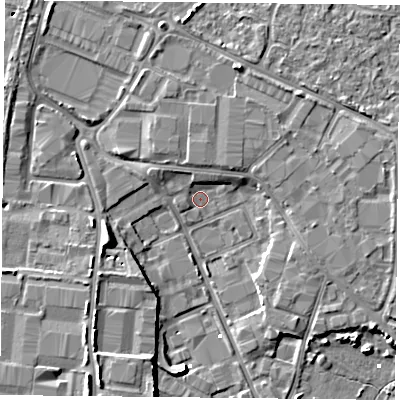 Shaded relief map of the ground around PO35QQ, computed from Environment Agency LiDAR. The ground here sits at about 1 m above sea level and falls 8 m across the surrounding 800 m. Surface water reaching this point runs off ground lying to the north-north-east, 2.2 m higher.