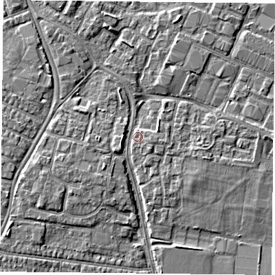 Shaded relief map of the ground around PO35QR, computed from Environment Agency LiDAR. The ground here sits at about 3 m above sea level and falls 3 m across the surrounding 800 m. Surface water reaching this point runs off ground lying to the east-south-east, 1.9 m higher.