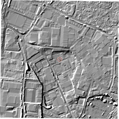 Shaded relief map of the ground around PO35QS, computed from Environment Agency LiDAR. The ground here sits at about 1 m above sea level and falls 8 m across the surrounding 800 m. Surface water reaching this point runs off ground lying to the north-east, 3.0 m higher.