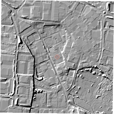 Shaded relief map of the ground around PO35QT, computed from Environment Agency LiDAR. The ground here sits at about 1 m above sea level and falls 8 m across the surrounding 800 m. The ground contributing surface water to this point lies to the east-south-east.