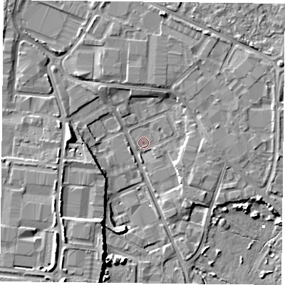 Shaded relief map of the ground around PO35QU, computed from Environment Agency LiDAR. The ground here sits at about 0 m above sea level and falls 8 m across the surrounding 800 m. Surface water reaching this point runs off ground lying to the north-east, 3.6 m higher.