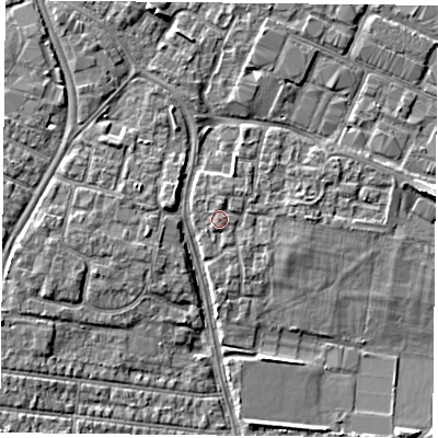 Shaded relief map of the ground around PO35QW, computed from Environment Agency LiDAR. The ground here sits at about 4 m above sea level and falls 4 m across the surrounding 800 m. Surface water reaching this point runs off ground lying to the east, 1.3 m higher.