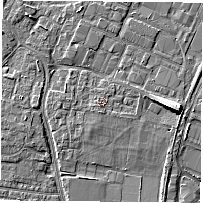 Shaded relief map of the ground around PO35QY, computed from Environment Agency LiDAR. The ground here sits at about 3 m above sea level and falls 10 m across the surrounding 800 m. Surface water reaching this point runs off ground lying to the south, 1.5 m higher.