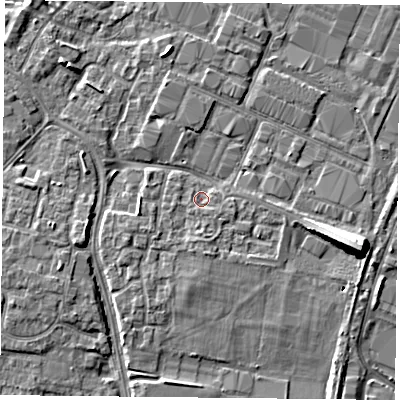 Shaded relief map of the ground around PO35QZ, computed from Environment Agency LiDAR. The ground here sits at about 3 m above sea level and falls 10 m across the surrounding 800 m. Surface water reaching this point runs off ground lying to the south, 1.2 m higher.