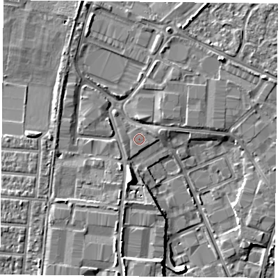 Shaded relief map of the ground around PO35RA, computed from Environment Agency LiDAR. The ground here sits at about 2 m above sea level and falls 8 m across the surrounding 800 m. Surface water reaching this point runs off ground lying to the south-south-west, 4.5 m higher.