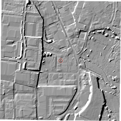 Shaded relief map of the ground around PO35RB, computed from Environment Agency LiDAR. The ground here sits at about 1 m above sea level and falls 9 m across the surrounding 800 m. Surface water reaching this point runs off ground lying to the south-west, 0.7 m higher.