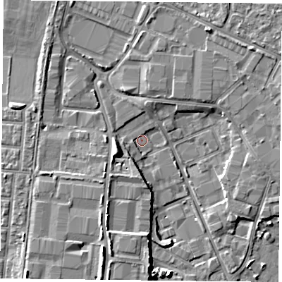 Shaded relief map of the ground around PO35RD, computed from Environment Agency LiDAR. The ground here sits at about 1 m above sea level and falls 8 m across the surrounding 800 m. Surface water reaching this point runs off ground lying to the west-south-west, 1.6 m higher.