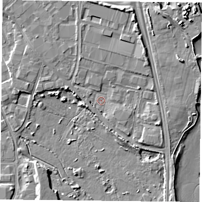 Shaded relief map of the ground around PO35RE, computed from Environment Agency LiDAR. The ground here sits at about 2 m above sea level and falls 10 m across the surrounding 800 m. Surface water reaching this point runs off ground lying to the north-east, 3.9 m higher.