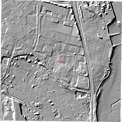 Shaded relief map of the ground around PO35RF, computed from Environment Agency LiDAR. The ground here sits at about 3 m above sea level and falls 10 m across the surrounding 800 m. Surface water reaching this point runs off ground lying to the north-east, 2.7 m higher.