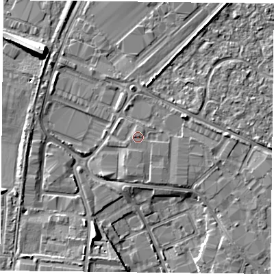 Shaded relief map of the ground around PO35RJ, computed from Environment Agency LiDAR. The ground here sits at about 4 m above sea level and falls 10 m across the surrounding 800 m. Surface water reaching this point runs off ground lying to the north-north-west, 0.6 m higher.