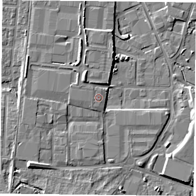 Shaded relief map of the ground around PO35RN, computed from Environment Agency LiDAR. The ground here sits at about 5 m above sea level and falls 10 m across the surrounding 800 m. The ground contributing surface water to this point lies to the north-west.