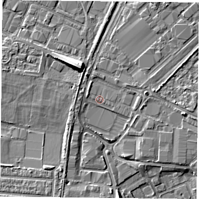 Shaded relief map of the ground around PO35RQ, computed from Environment Agency LiDAR. The ground here sits at about 3 m above sea level and falls 10 m across the surrounding 800 m. Surface water reaching this point runs off ground lying to the north-west, 1.6 m higher.