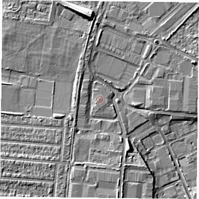 Shaded relief map of the ground around PO35RR, computed from Environment Agency LiDAR. The ground here sits at about 3 m above sea level and falls 11 m across the surrounding 800 m. The ground contributing surface water to this point lies to the south-south-west.