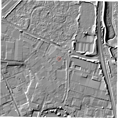 Shaded relief map of the ground around PO35RS, computed from Environment Agency LiDAR. The ground here sits at about 4 m above sea level and falls 6 m across the surrounding 800 m. The ground contributing surface water to this point lies to the north-west.