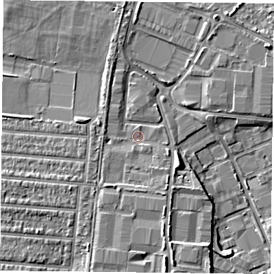 Shaded relief map of the ground around PO35RU, computed from Environment Agency LiDAR. The ground here sits at about 3 m above sea level and falls 8 m across the surrounding 800 m. Surface water reaching this point runs off ground lying to the south-south-east, 2.5 m higher.