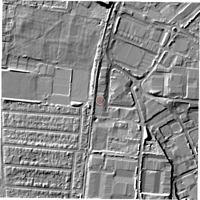 Shaded relief map of the ground around PO35RX, computed from Environment Agency LiDAR. The ground here sits at about 3 m above sea level and falls 11 m across the surrounding 800 m. Surface water reaching this point runs off ground lying to the west-south-west, 0.8 m higher.