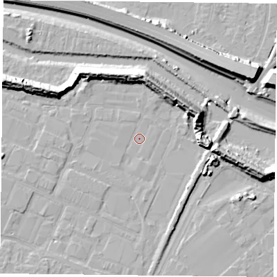 Shaded relief map of the ground around PO35RY, computed from Environment Agency LiDAR. The ground here sits at about 2 m above sea level and falls 13 m across the surrounding 800 m. Surface water reaching this point runs off ground lying to the east, 10.3 m higher.