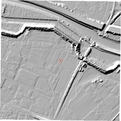 Shaded relief map of the ground around PO35RZ, computed from Environment Agency LiDAR. The ground here sits at about 2 m above sea level and falls 13 m across the surrounding 800 m. Surface water reaching this point runs off ground lying to the east, 10.2 m higher.