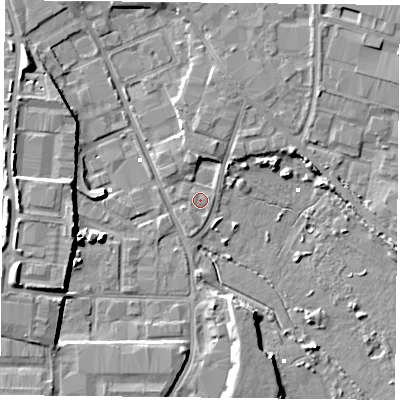 Shaded relief map of the ground around PO35SD, computed from Environment Agency LiDAR. The ground here sits at about 1 m above sea level and falls 9 m across the surrounding 800 m. Surface water reaching this point runs off ground lying to the north, 2.9 m higher.