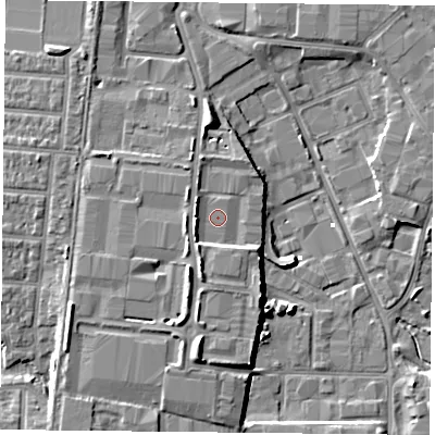Shaded relief map of the ground around PO35SF, computed from Environment Agency LiDAR. The ground here sits at about 4 m above sea level and falls 8 m across the surrounding 800 m. Surface water reaching this point runs off ground lying to the south-south-west, 3.5 m higher.