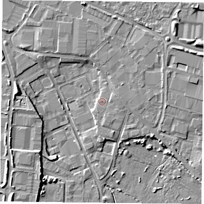 Shaded relief map of the ground around PO35SH, computed from Environment Agency LiDAR. The ground here sits at about 2 m above sea level and falls 8 m across the surrounding 800 m. Surface water reaching this point runs off ground lying to the east, 1.5 m higher.