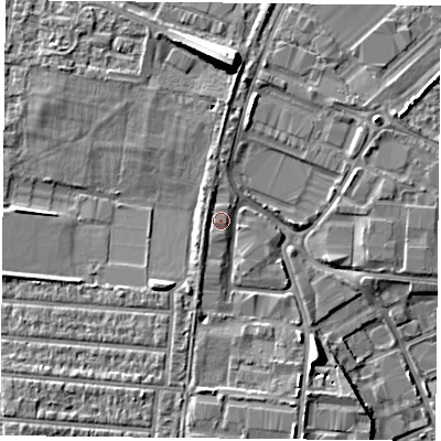 Shaded relief map of the ground around PO35SL, computed from Environment Agency LiDAR. The ground here sits at about 3 m above sea level and falls 10 m across the surrounding 800 m. Surface water reaching this point runs off ground lying to the south-south-west, 1.9 m higher.