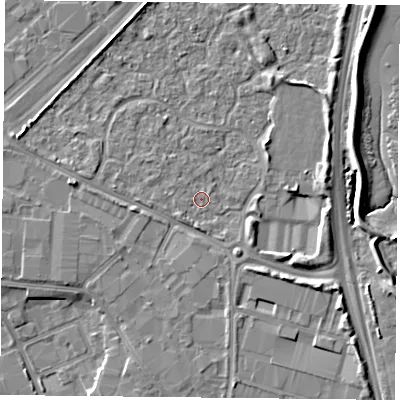 Shaded relief map of the ground around PO35TA, computed from Environment Agency LiDAR. The ground here sits at about 2 m above sea level and falls 6 m across the surrounding 800 m. Surface water reaching this point runs off ground lying to the south-west, 1.6 m higher.