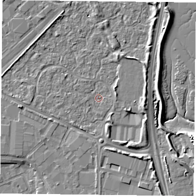 Shaded relief map of the ground around PO35TB, computed from Environment Agency LiDAR. The ground here sits at about 2 m above sea level and falls 8 m across the surrounding 800 m. Surface water reaching this point runs off ground lying to the east, 5.2 m higher.