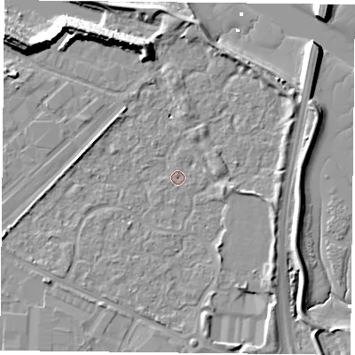 Shaded relief map of the ground around PO35TF, computed from Environment Agency LiDAR. The ground here sits at about 2 m above sea level and falls 13 m across the surrounding 800 m. Surface water reaching this point runs off ground lying to the east-north-east, 4.0 m higher.