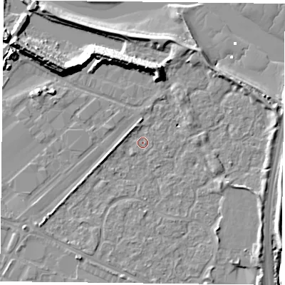 Shaded relief map of the ground around PO35TG, computed from Environment Agency LiDAR. The ground here sits at about 2 m above sea level and falls 13 m across the surrounding 800 m. Surface water reaching this point runs off ground lying to the south-west, 3.6 m higher.