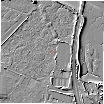 Shaded relief map of the ground around PO35TJ, computed from Environment Agency LiDAR. The ground here sits at about 2 m above sea level and falls 11 m across the surrounding 800 m. Surface water reaching this point runs off ground lying to the east-south-east, 5.2 m higher.