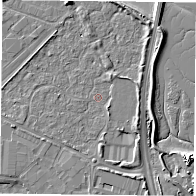 Shaded relief map of the ground around PO35TL, computed from Environment Agency LiDAR. The ground here sits at about 2 m above sea level and falls 11 m across the surrounding 800 m. Surface water reaching this point runs off ground lying to the east-south-east, 5.2 m higher.