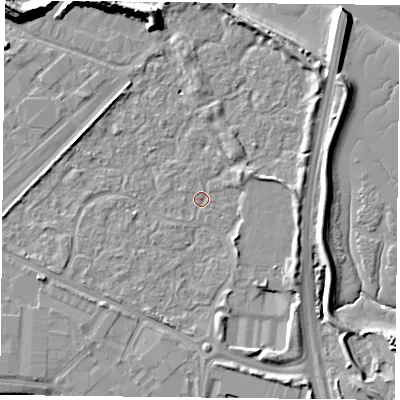 Shaded relief map of the ground around PO35TP, computed from Environment Agency LiDAR. The ground here sits at about 2 m above sea level and falls 14 m across the surrounding 800 m. Surface water reaching this point runs off ground lying to the south-south-east, 4.3 m higher.