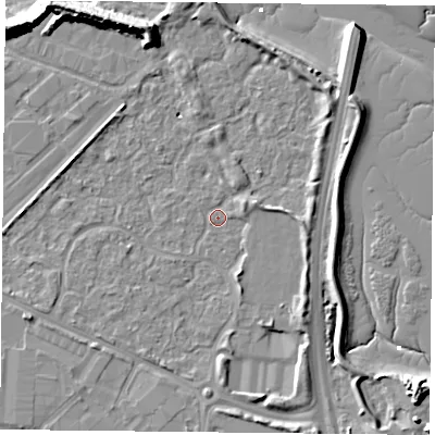 Shaded relief map of the ground around PO35TR, computed from Environment Agency LiDAR. The ground here sits at about 2 m above sea level and falls 14 m across the surrounding 800 m. Surface water reaching this point runs off ground lying to the south-south-east, 4.3 m higher.