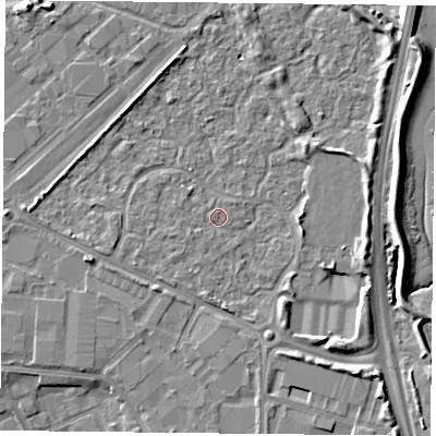 Shaded relief map of the ground around PO35TT, computed from Environment Agency LiDAR. The ground here sits at about 2 m above sea level and falls 6 m across the surrounding 800 m. Surface water reaching this point runs off ground lying to the west-south-west, 1.6 m higher.