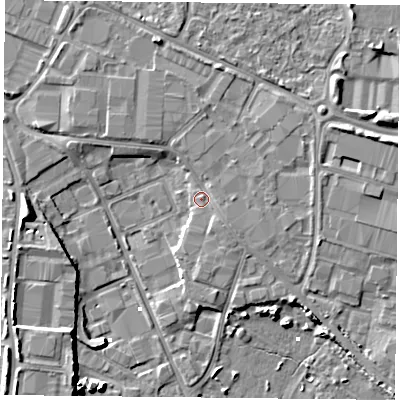 Shaded relief map of the ground around PO35TU, computed from Environment Agency LiDAR. The ground here sits at about 2 m above sea level and falls 8 m across the surrounding 800 m. Surface water reaching this point runs off ground lying to the north, 1.7 m higher.