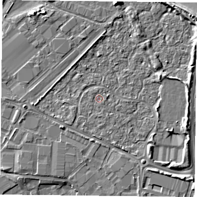 Shaded relief map of the ground around PO35TW, computed from Environment Agency LiDAR. The ground here sits at about 2 m above sea level and falls 10 m across the surrounding 800 m. Surface water reaching this point runs off ground lying to the south-south-west, 1.3 m higher.