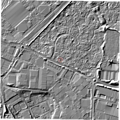 Shaded relief map of the ground around PO35TY, computed from Environment Agency LiDAR. The ground here sits at about 3 m above sea level and falls 6 m across the surrounding 800 m. Surface water reaching this point runs off ground lying to the west-south-west, 0.6 m higher.
