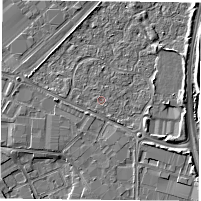 Shaded relief map of the ground around PO35TZ, computed from Environment Agency LiDAR. The ground here sits at about 3 m above sea level and falls 5 m across the surrounding 800 m. Surface water reaching this point runs off ground lying to the south-south-west, 1.0 m higher.