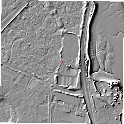 Shaded relief map of the ground around PO35UB, computed from Environment Agency LiDAR. The ground here sits at about 2 m above sea level and falls 11 m across the surrounding 800 m. Surface water reaching this point runs off ground lying to the east-north-east, 5.2 m higher.